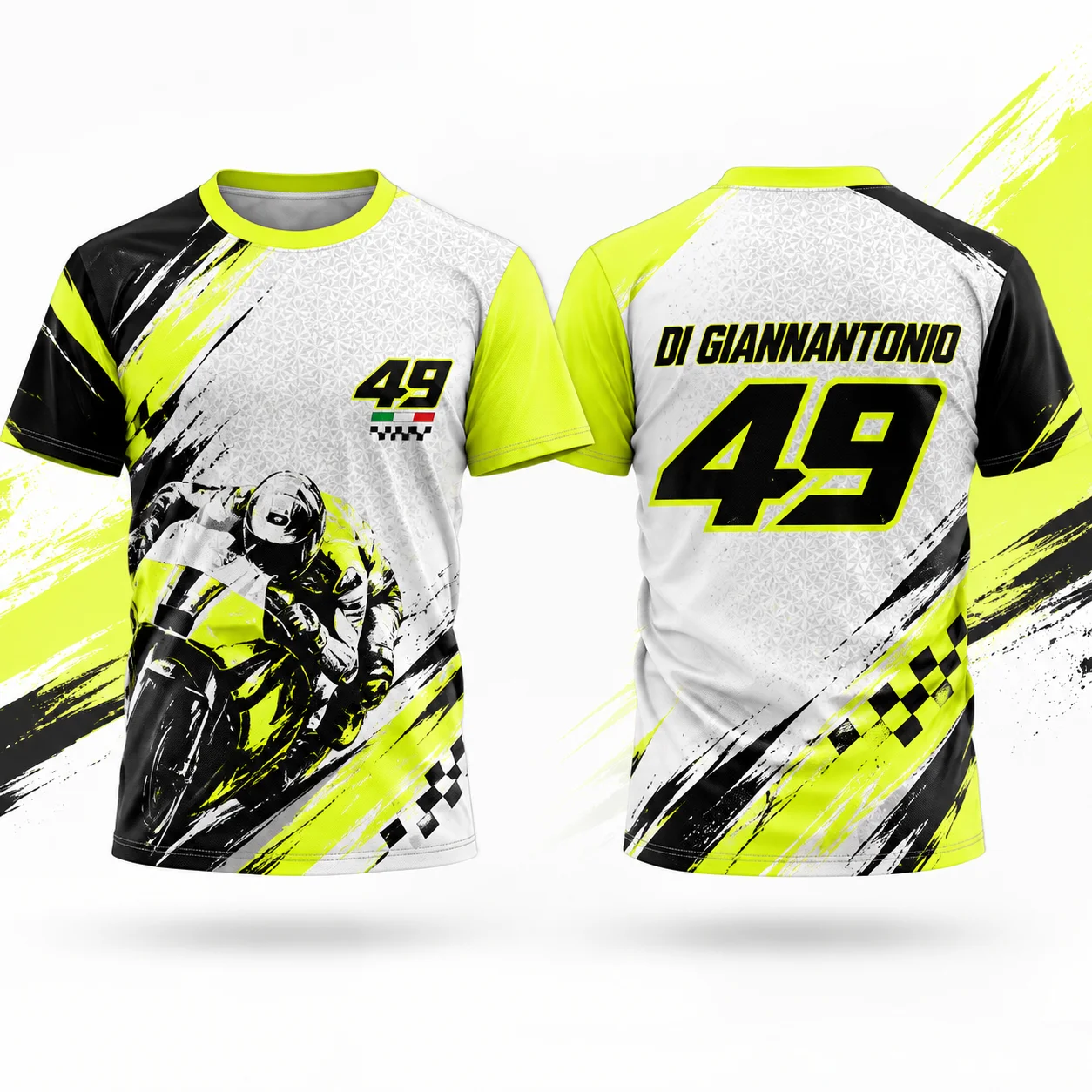 Di Giannantonio 49 Mens Moto Racing T Shirt White Neon Yellow Graphic Tee Summer Short Sleeve Unisex Fan Merchandise Streetwear