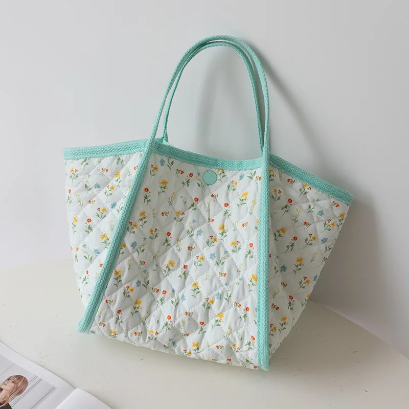 Quilted Patch Work Cotton Shopping Bag Reversible Small Floral Hand Bags Large Capacity For Women