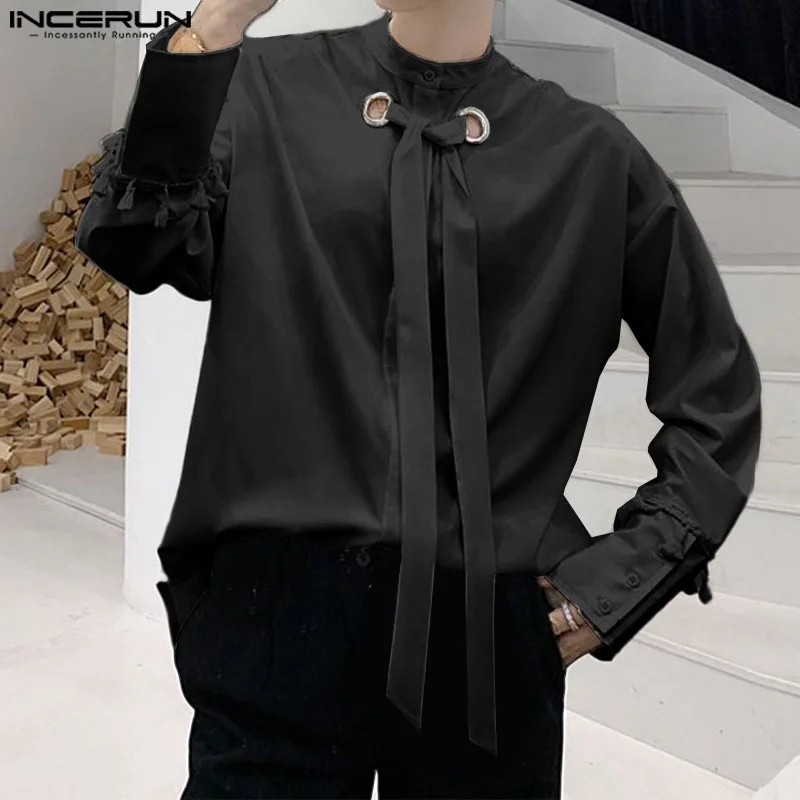 INCERUN Handsome Men's Tops Cuff Tie Design Shirts Casual Streetwear Male Solid Color Comfortable Long Sleeved Blouse S-5XL 2025