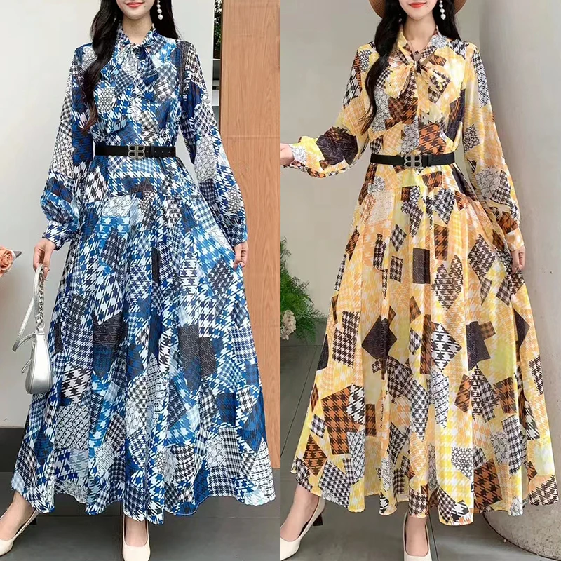

Винтажное французское модное женское клетчатое элегантное плиссированное длинное платье с бантом и вырезом, осеннее вечернее платье с рукавами-фонариками, модное