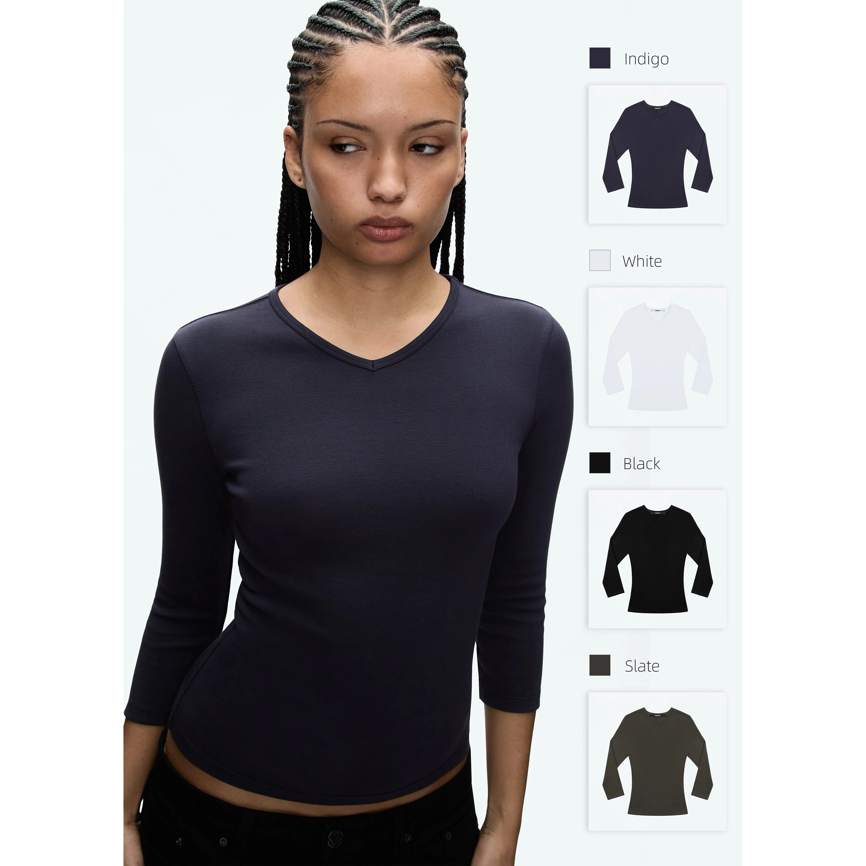 Tank White, Gray-Blue, Small V-Neck, Regular Shoulder, 3/4-Length Sleeve Top, Black Tight, Waist-Cinching T-Shirt as a Base Laye