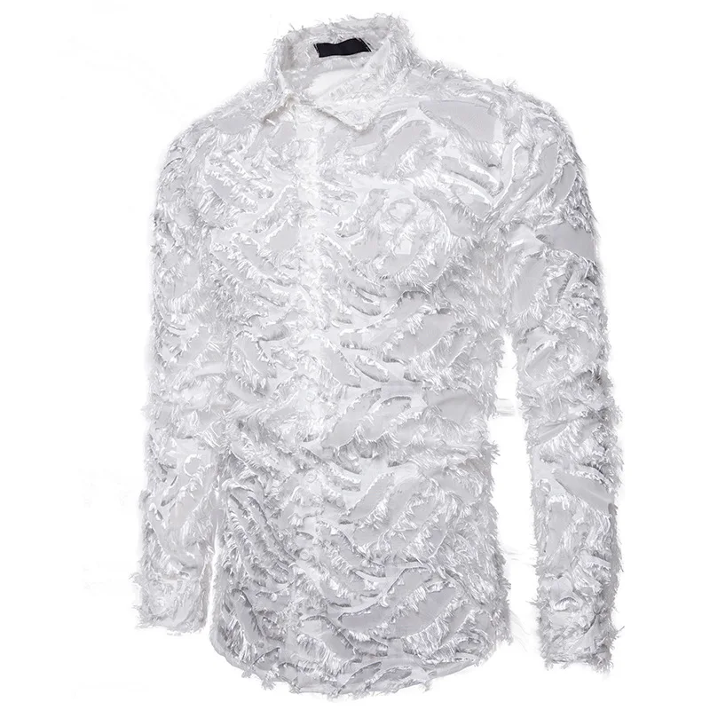 Sexy Black Shirt Men Fashion Feather Long Sleeve Mens Dress Shirts Nightclub Party Prom Social Shirt Male Camisa Hombre