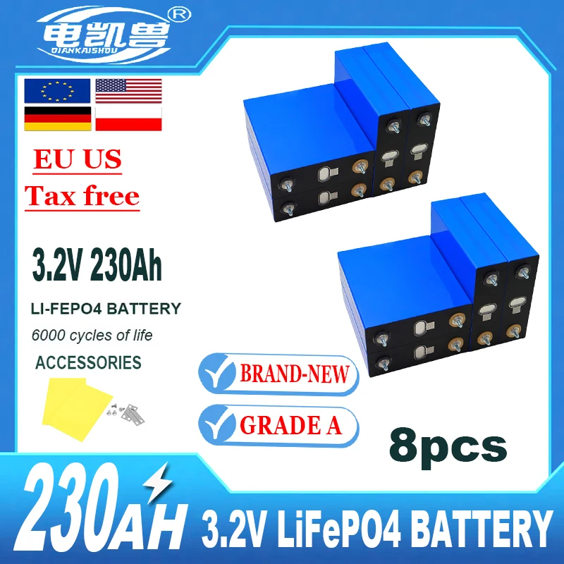 

Lifepo4 Cell New 3.2V 320Ah Rechargeable 280AH 230AH 202AH Lithium lron Phosphate Pack 12V24V for RV Solar System EU US Tax Free