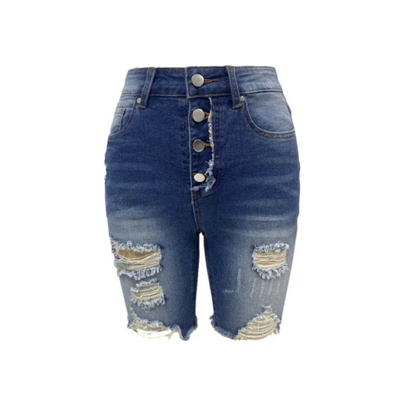 Women Fashion Single-breasted Splice Mid Waist Denim Shorts Female Broken Holes Three Quarter Pants Casual Mini Jeans Streetwear