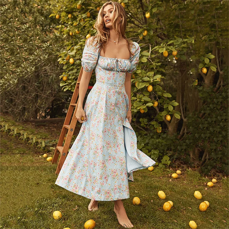 

Street Style Women's Clothing 2022 Spring And Summer New Fashion Bubble Sleeves Floral Lace-up High Split Skirt