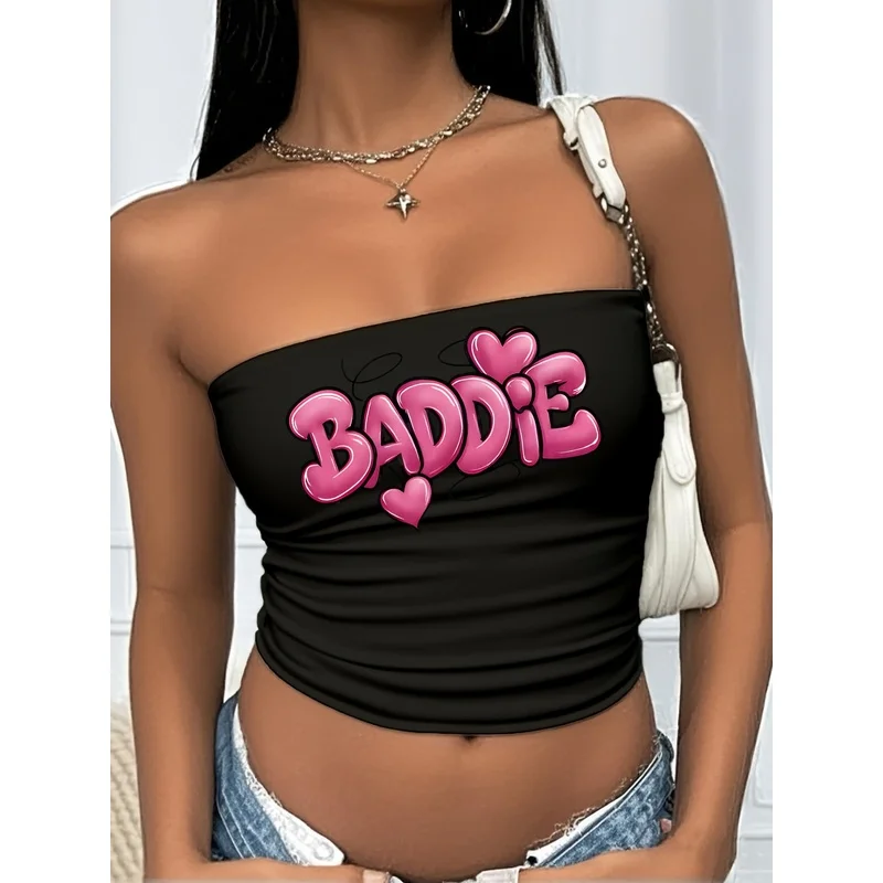 Baddie Pink Bubble Letter Heart Print Tube Top Women Y2K Streetwear Strapless Black Cropped Bandeau Top