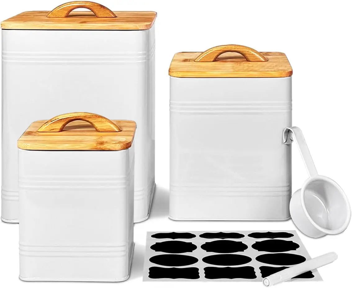 

Kitchen Canisters Set of 3 – White Airtight Metal Jars with Bamboo Lids – Flour, Sugar, Coffee Storage