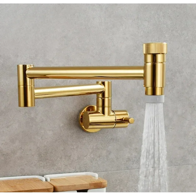 Brushed Gold Fold Wall Mounted Retractable Pot Filler Kitchen Sink Cold Outlet