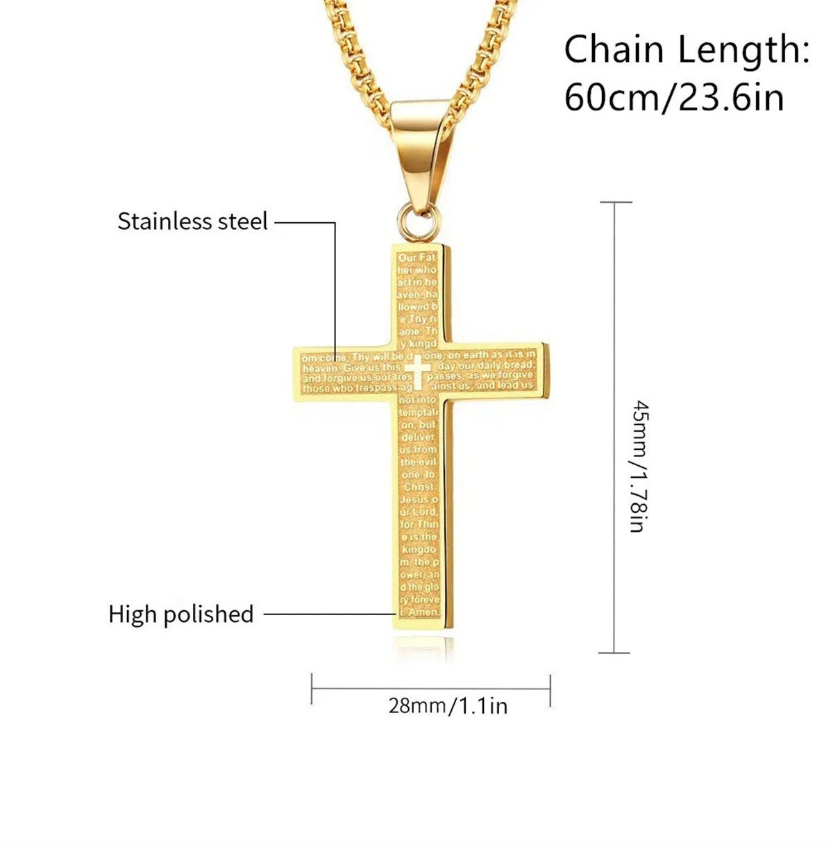 Modische Kreuzkette, goldfarben, Anhänger und Kette aus Edelstahl für Herren, Geschenk, christlicher Schmuck, Accessoires. – Detail 3