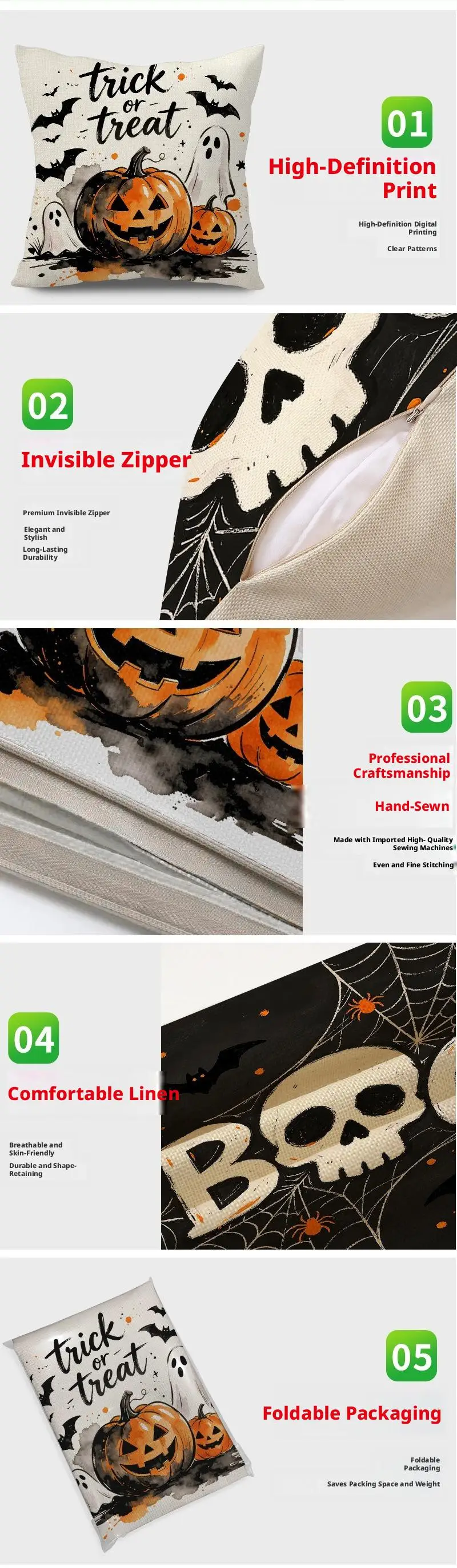 3 Stück Halloween-Geister-Print Sofakissenbezüge, Dekorative Kissenhüllen für Innenräume, Atmosphärische Kopfteil-Kissenbezüge – Detail 10