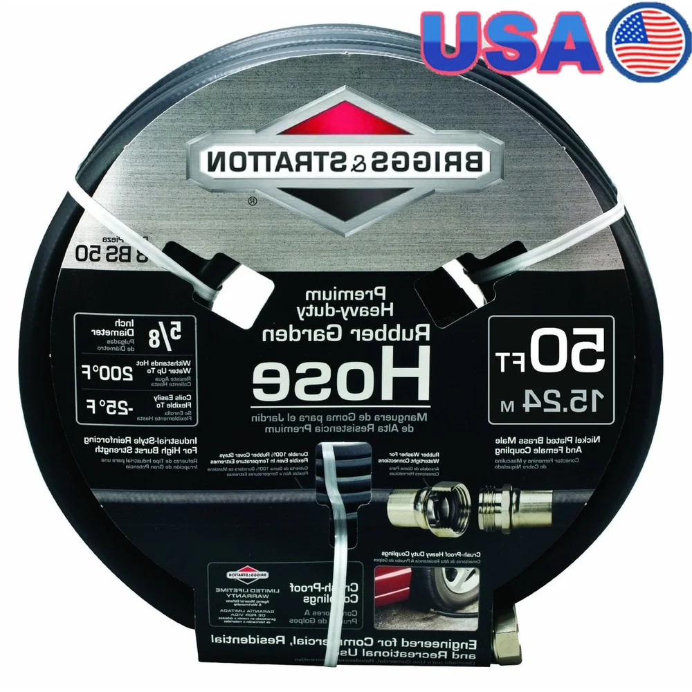 

Heavy Duty Garden Hose 5/8 Inch x 50 Ft High Burst Strength Crush Proof Brass Couplings Flexible Hot Water Resistant Industrial
