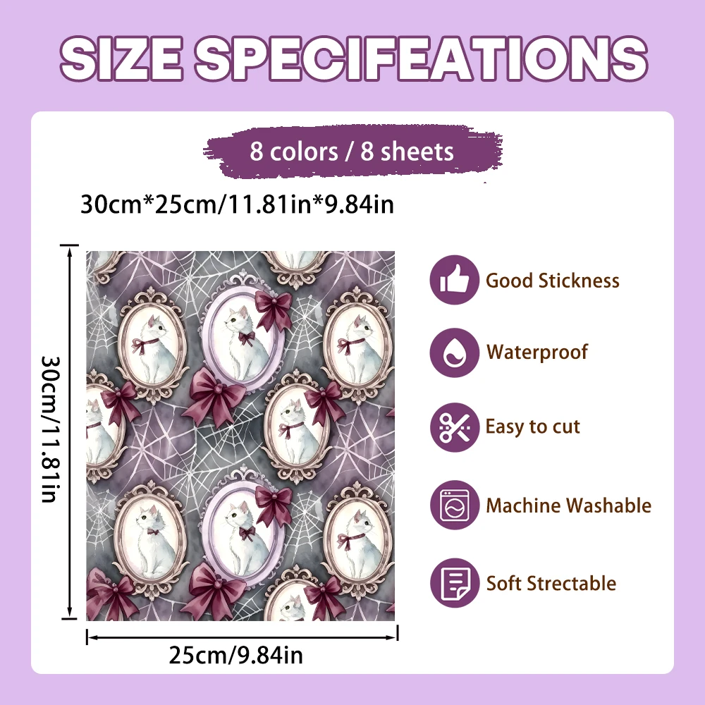 8Pcs Gothic Art Iron-on Vinyl, Frame Cat Spiderweb Potion Bottle, Home Decor DIY for Pillows Curtains Tablecloth