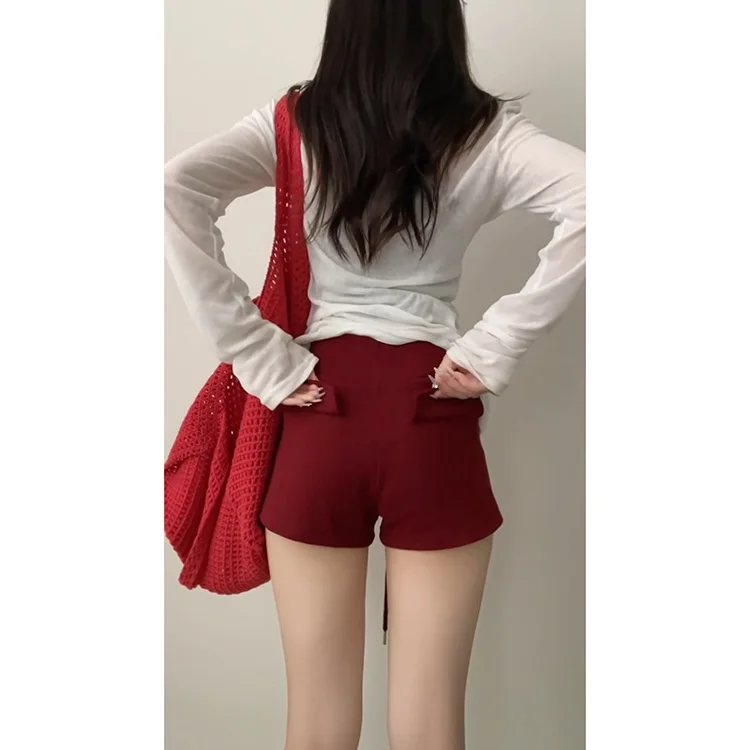 Pantalones deportivos Dstring para chica, color rojo, verano 2025, nueva cintura de hormiga, adelgazantes, informales, americanos, pierna recta de cintura alta