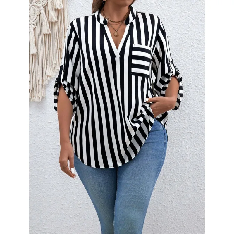 プラスサイズ 1XL-5XL 女性のファッションストライププリント半袖シャツレディースカジュアルラペルシャツルーズでエレガントなボタンシャツ