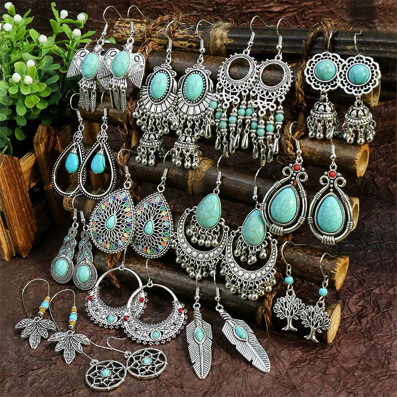 Bohemian Dangle Drop Earrings for Women Vintage Turquoise Tassel Earrings Ethnic Retro Pendant Ear Hook Beach Party Jewelry Gift