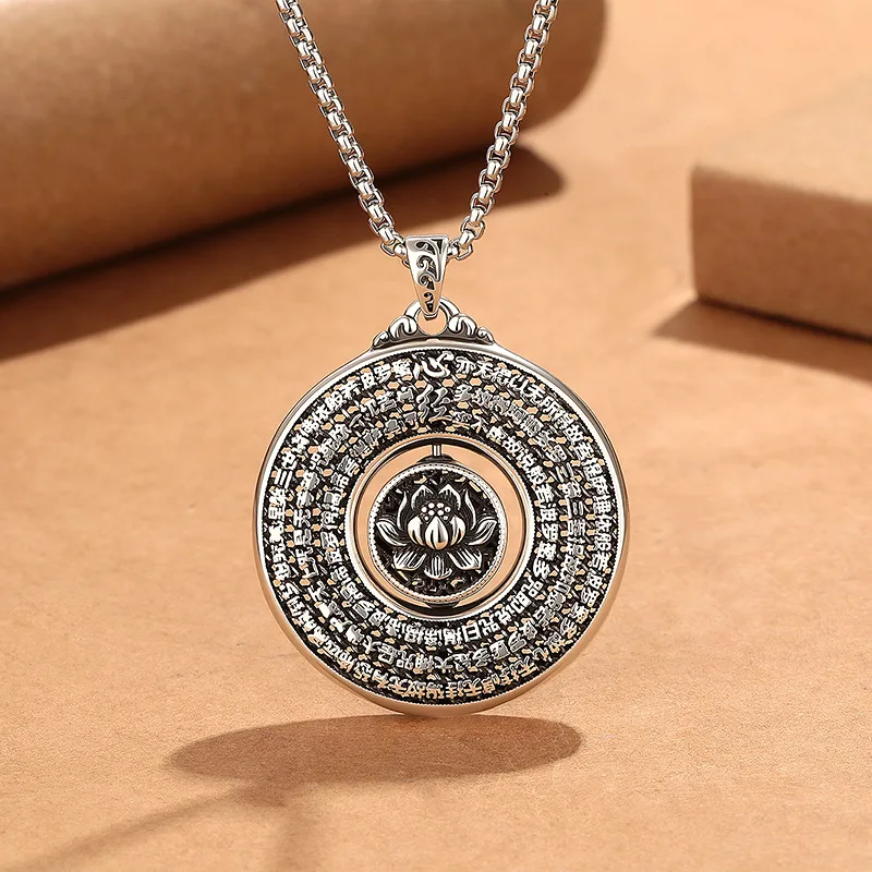 Ethnic Style Prajna Heart Sutra Safety Buckle Pendant Men Jewelry Lucky Lotus Amulet Necklace Male Choker Accessories