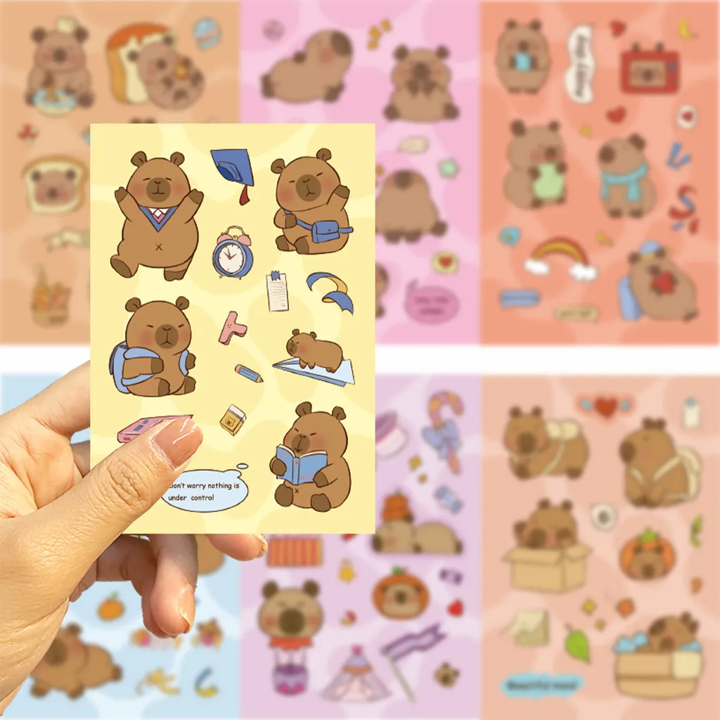 8 hojas de pegatinas originales de capibaras, emoticonos impermeables, pegatinas de graffiti para casco, bicicleta, álbum de recortes, pegatinas despegables, Joy Sticker Store