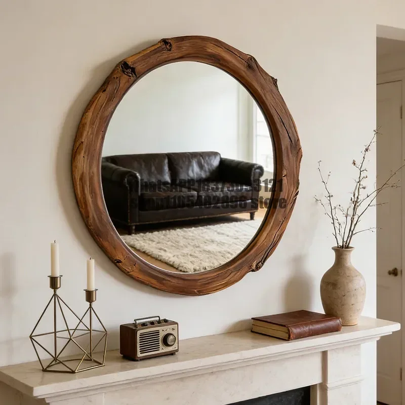 Medieval retro bathroom mirror Wall-mounted entrance solid wood decorative makeup mirror