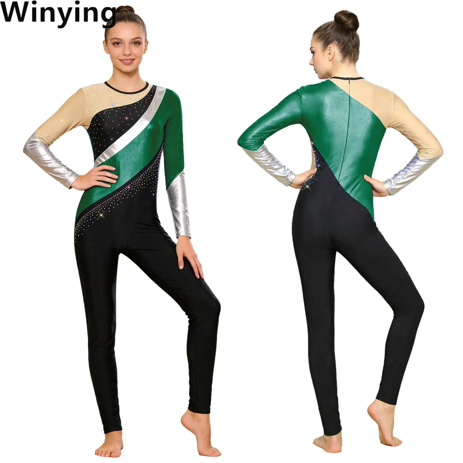 

Women Metallic Color Block Rhythmic Gymnastics Jumpsuit Long Sleeve Ballet Dance Figure Skating Rompers Performance Competition