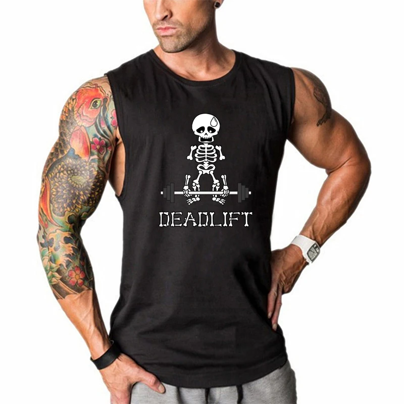 

Human Skeleton Deadlift Barbell Gym Vests Mens Fitness Bodybuilding Running Sport Tank Tops Cotton Breathable Sleeveless T-shirt