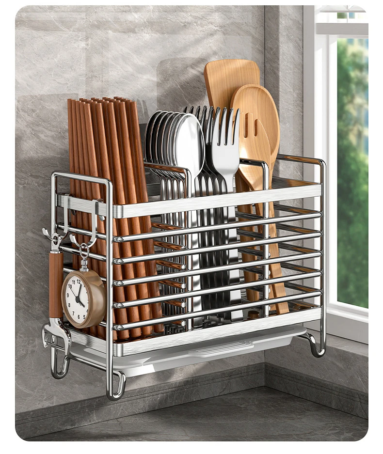 Wandmontierter Utensilienhalter ohne Bohren. Platzsparender Organizer aus Edelstahl für Küchenbesteck, ideal für kleine Räume – Detail 4