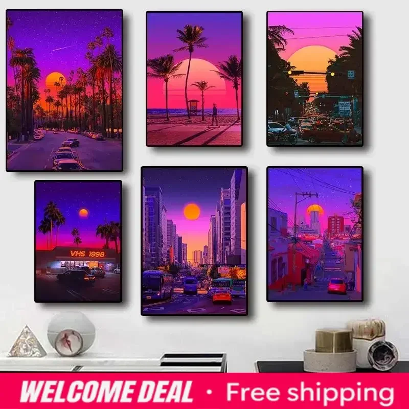 2026  Synthwave Miami Ocaso Beach City Street Tours Canvas Painting Posters and Prints Wall Art Pictures for Living Room Deco