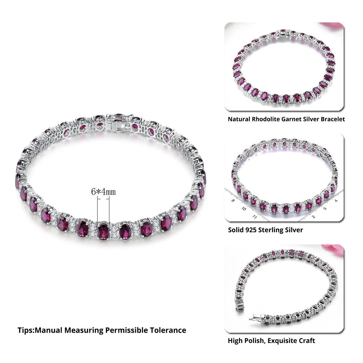 Natural Rhodolite Garnet Silver Bracelet 19 Carats Genuine Rose Garnet Women Romantic Classic Style Fine Jewelrys Luxury Gifts