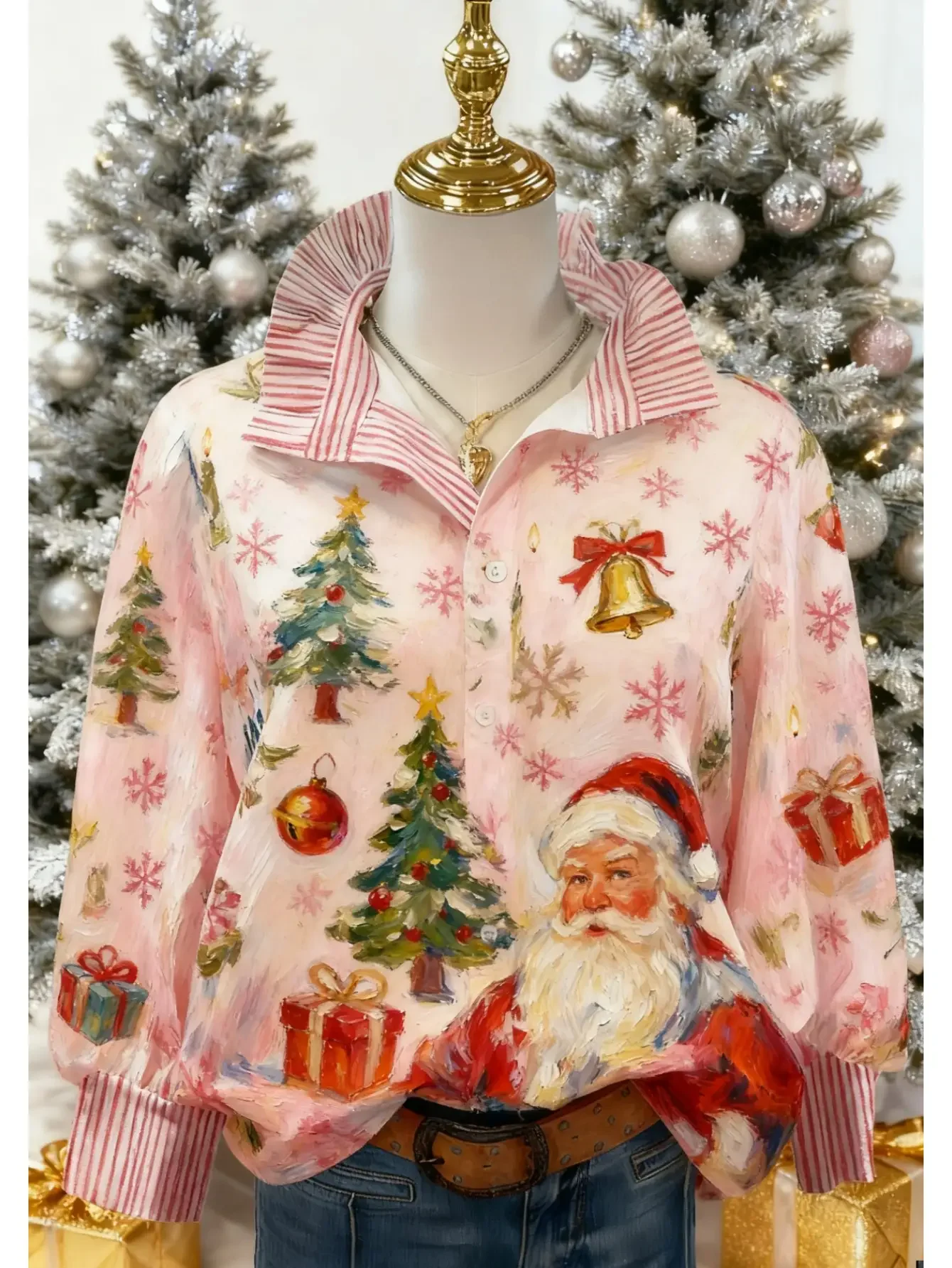 2026 women's striped shirt with multi-color striped collar and Skin friendly and delicate spring and autumn base shirt