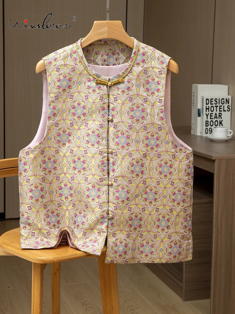 

Winsleter-100%Real Silk Song Brocade Elegant Vest Coat, O Neck Geometry, Women Versatile Chic Waistcoat, 2026 Spring C5D462CC