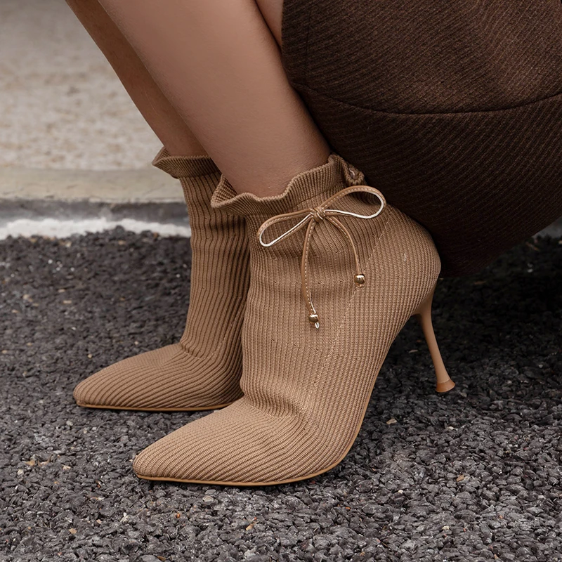

2025 New Women Knitted Boots Ankle-point Elastic Boots Slender High-heeled Modern Sexy Shoes