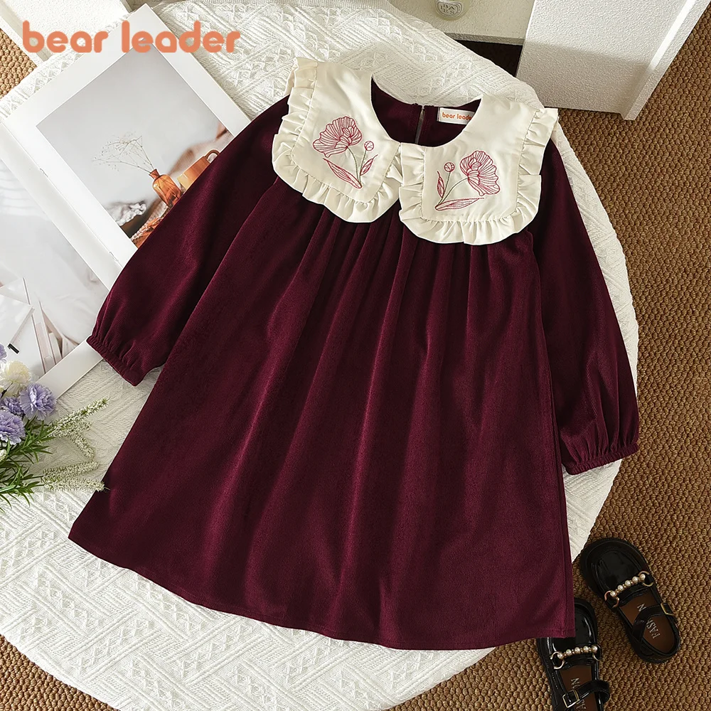 Bear Leader 2026 Autumn Wine Red Long Sleeved Girls Dresses Flower Embroidery Lapel Princess Dress Fashion Sweet Girl Clothes