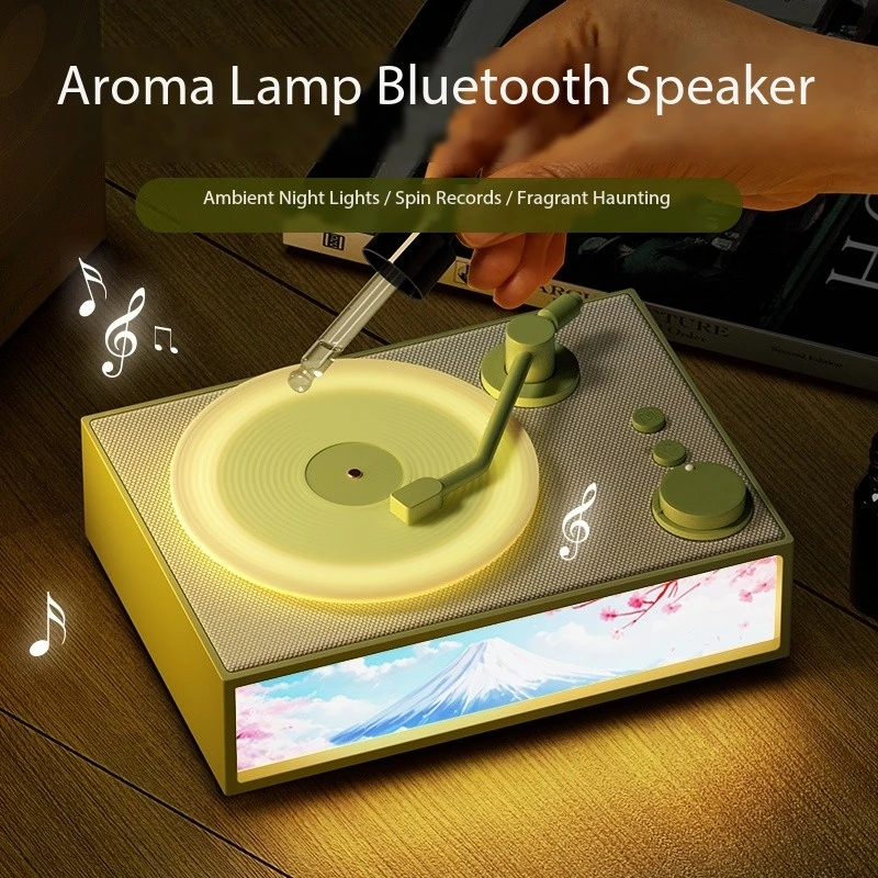 

Aroma Diffuser Bluetooth Speakers Retro Vintage Vinyl Bluetooth Speaker Turntable Portable Speaker with Illustration Light Gift