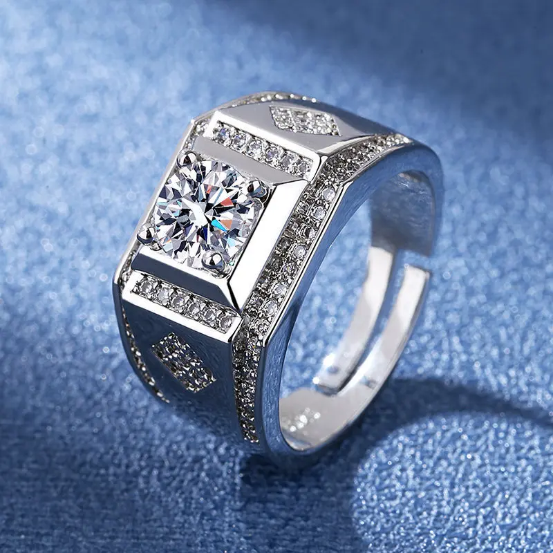 S925 Silver Mens Ring with Full Sky Star Moissanite Personalized Boyfriend Ring Hexagonal Octagonal Quadrilateral Geometry