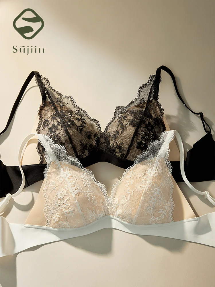 

SUJIIN Sexy Wireless Lace Bras for Women Summer Push Up Plunge Deep V Small Chest Bra Lady French Breathable Lingeries MX326