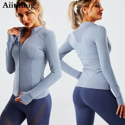 Aiithuug Women's Zipper Long Sleeve Stretchy Thumb Hole Workout Sports Jacket Shirt Breathable Mesh Running Sports Fitness