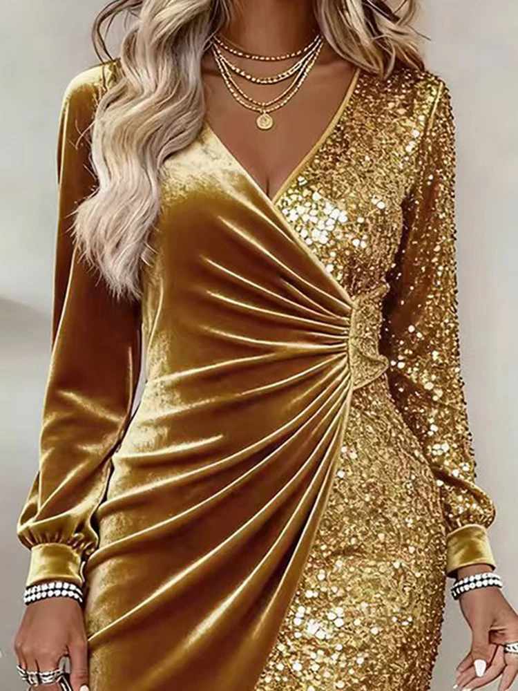 

Модное блестящее платье с v-образным вырезом и запахом бедер, темпераментное тонкое платье с длинными рукавами, осень-зима, новое бархатное мини-платье с блестками