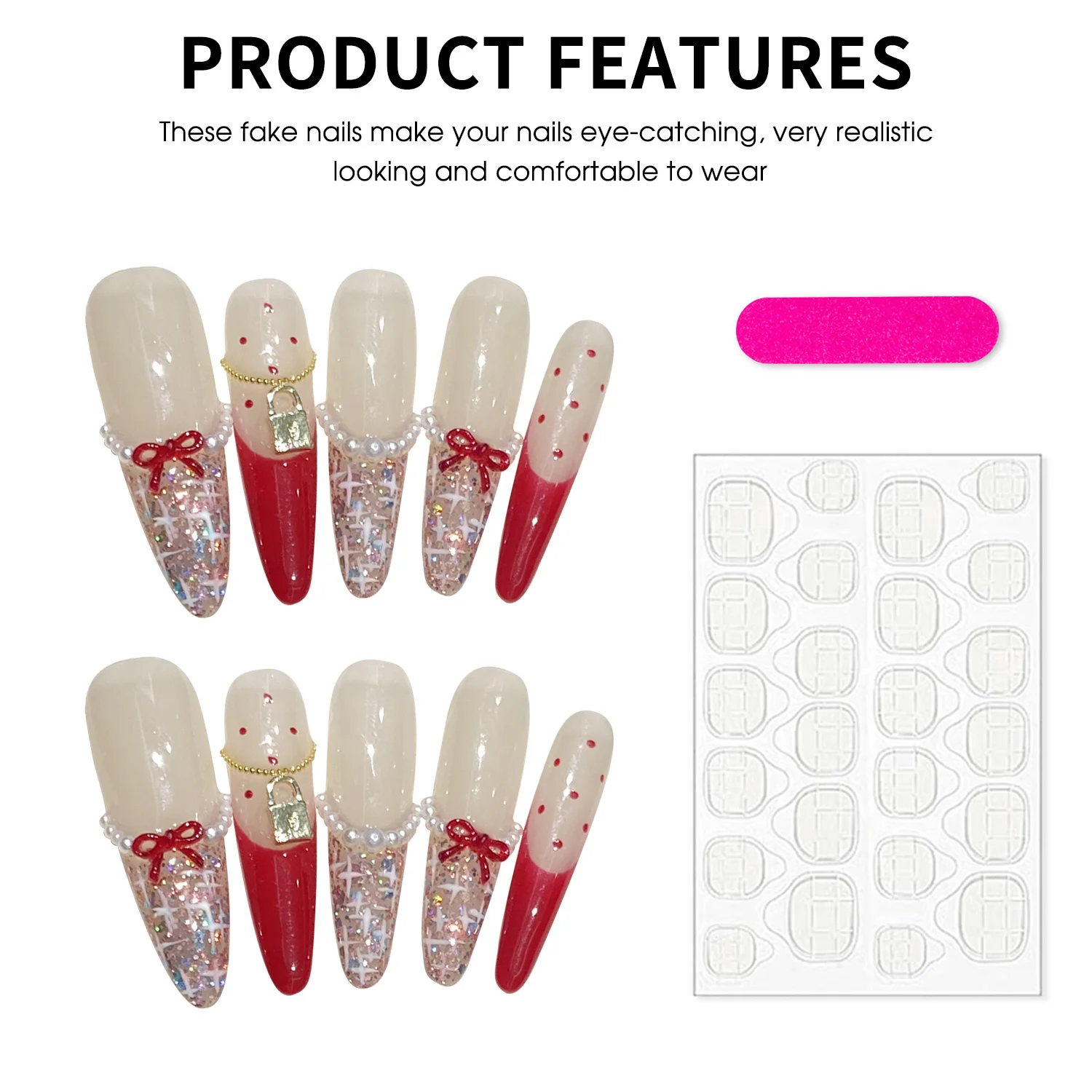 Imprensa oval longa feita à mão em unhas doce arco vermelho unhas falsas francesas cobertura completa wearable lantejoulas brilhantes coreano bonito dicas de unhas falsas