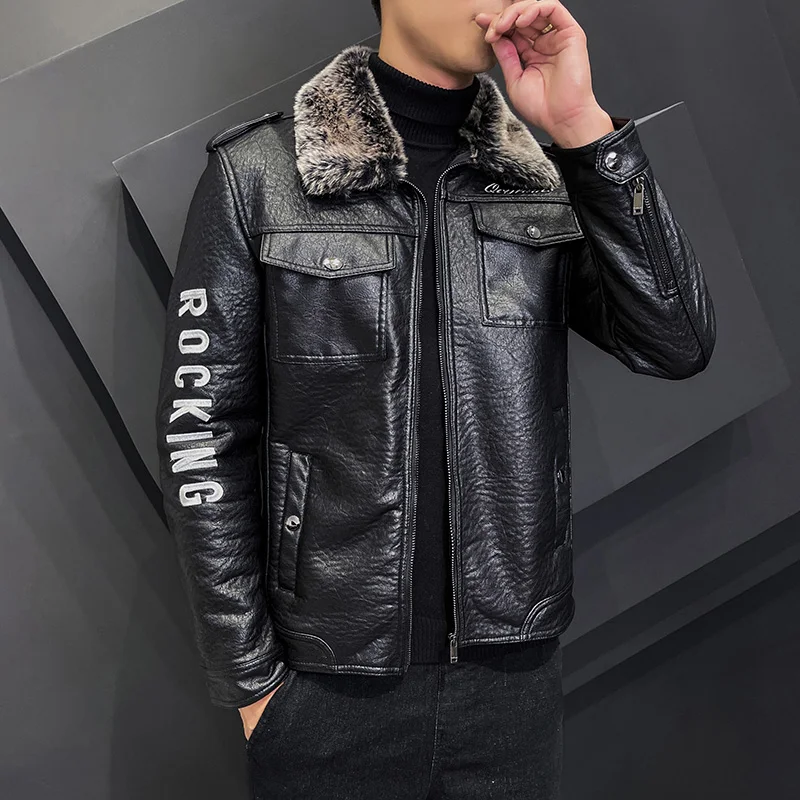 

Autumn and Winter Men's Jacket Motorcycle Windproof Warm Flip Collar PU Leather Jacket Brand Men's Slim Fit Plush Casual Coat