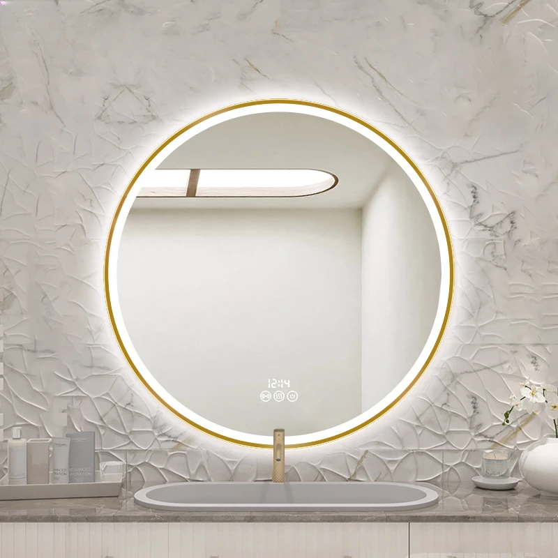 Round bathroom smart mirror with frame wall-mounted bathroom round mirror wall-mounted human body induction lamp bathroom mirror