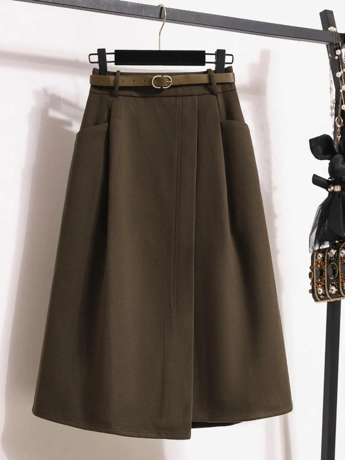 plus Size A-Line Skirt High Waist Midi Length Split Belt Asymmetrical Spring Autumn Korean Style Fashionable for Heavy Girls