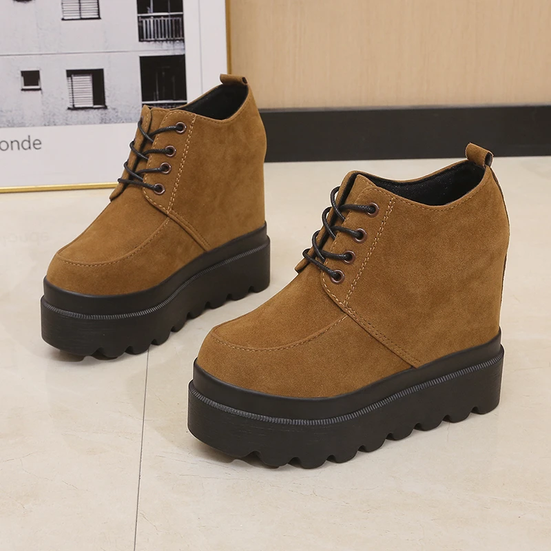 Zapatos de plataforma para mujer, calzado de tacón alto de 12cm, informales, de gamuza, de tela vaquera, suela gruesa, elegante, otoño