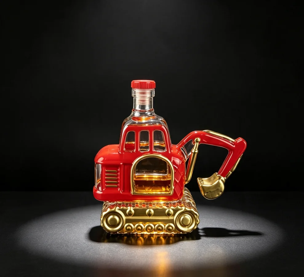 Novelty Excavator Model Glass Liquor Decanter Bottle, High Borosilicate Vessel for Whiskey Wine Storage Bar Ornament Present