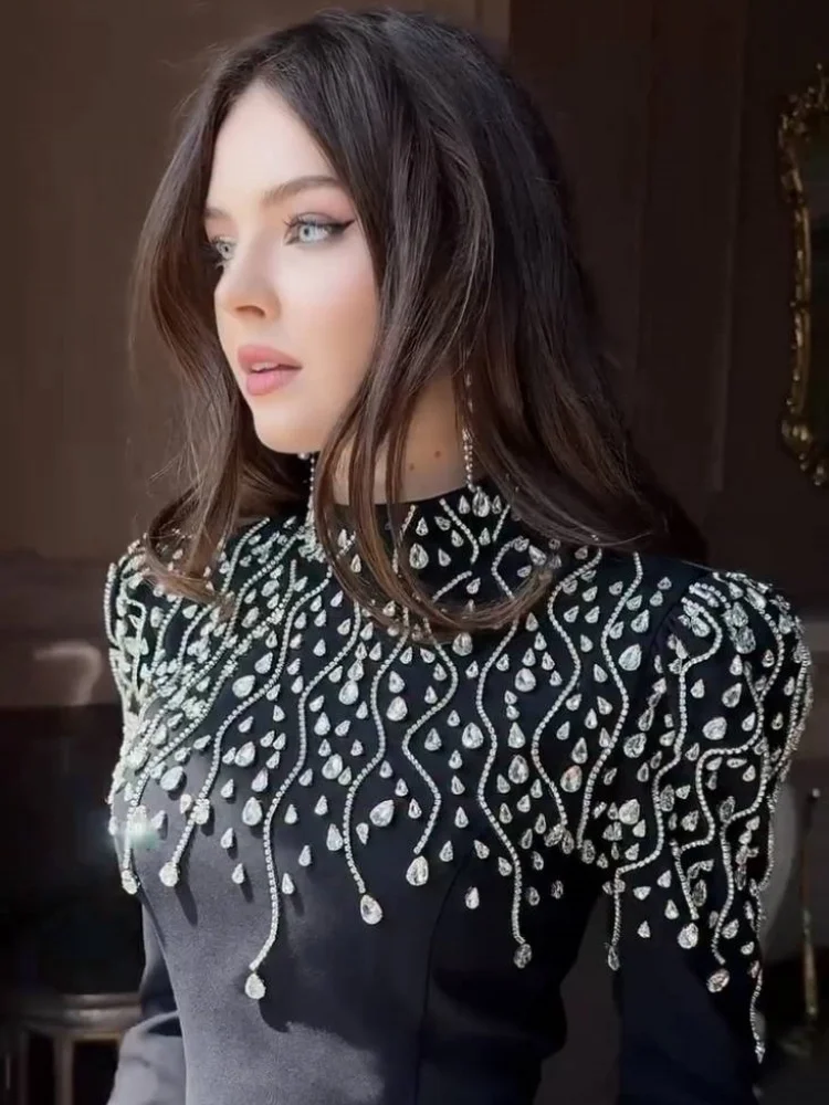 فساتين طويلة مزينة بالألماس الأسود - فستان حورية البحر بأكمام طويلة ورقبة عالية ورقبة دائرية مطرز بالترتر للحفلات الراقصة السعودية للنساء #4