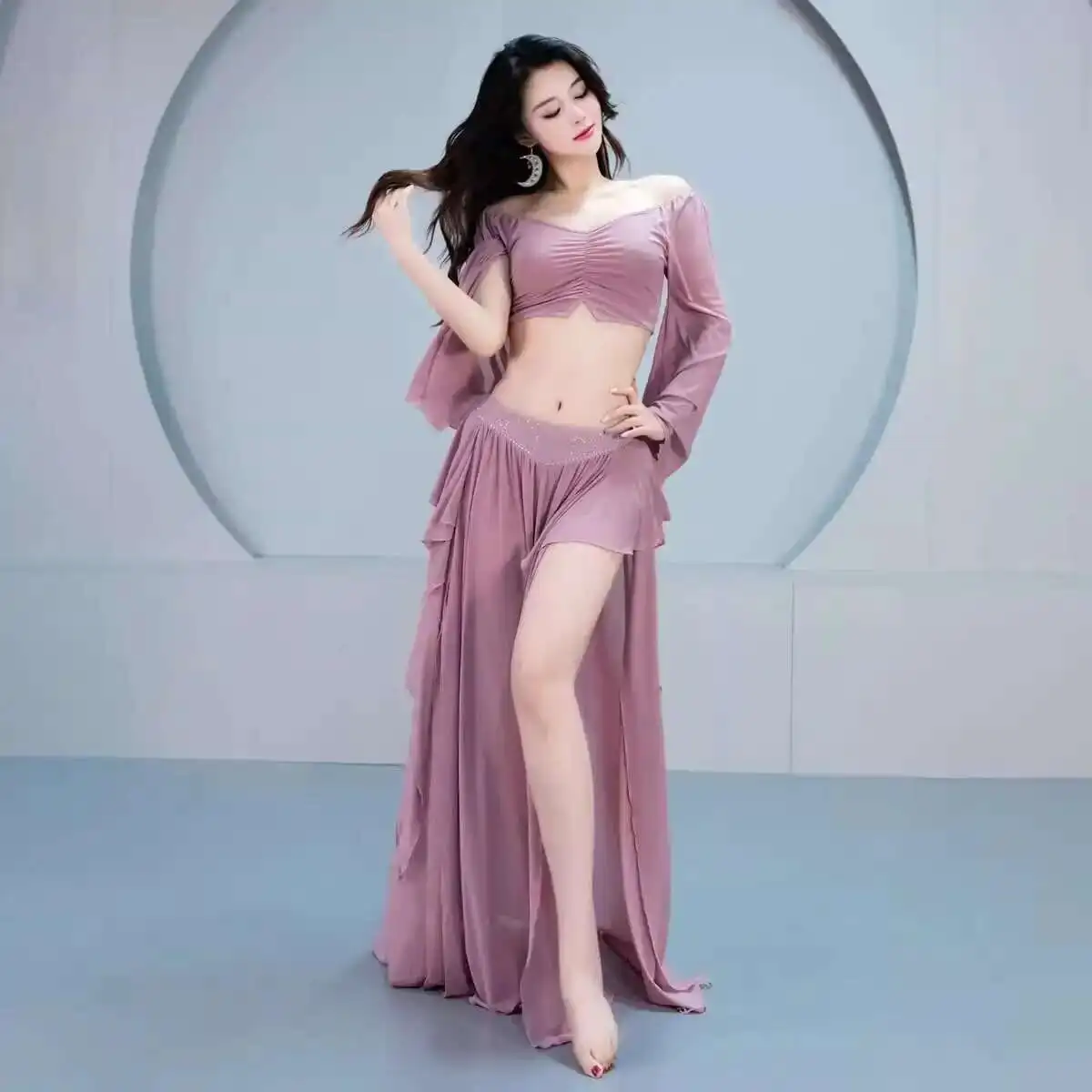 

Belly Dance Costume Oriental Dance Set New Long Sleeve Practice Clothes Fairy Lotus Leaf Ribbon Practice Class