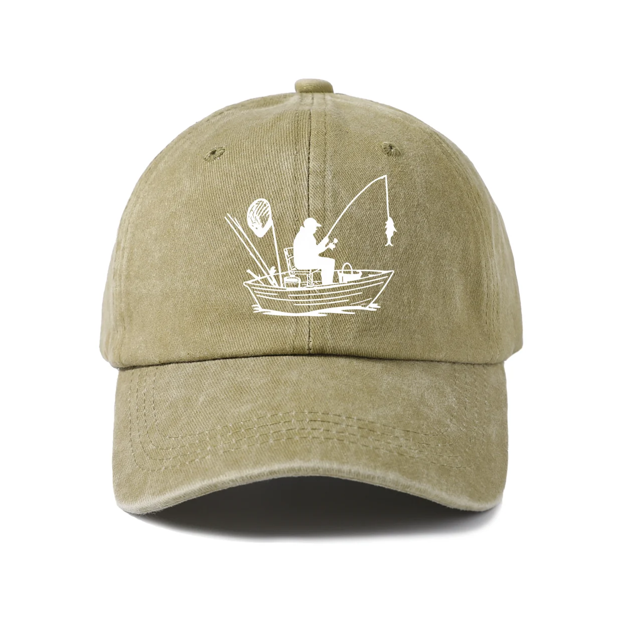 Fishing Boat Silhouette Graphic Baseball Cap, Vintage Washed Adjustable Unisex Dad Hat, Casual Gift