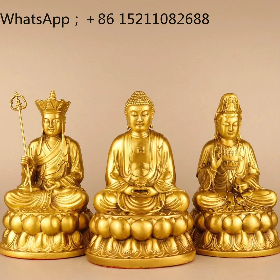 LLY Brass Saha Three Holy Buddhas Statue Study Buddhist Hall Ornament Dedicated to Avalokitesvara Bodhisattva Tathagata