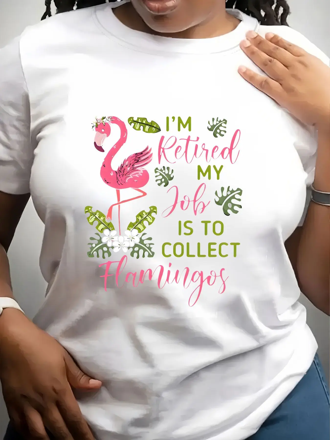 Women's Trendy Crew Neck T-Shirt Retired Job Collect Flamingos Print Suitable for Casual Sportswear