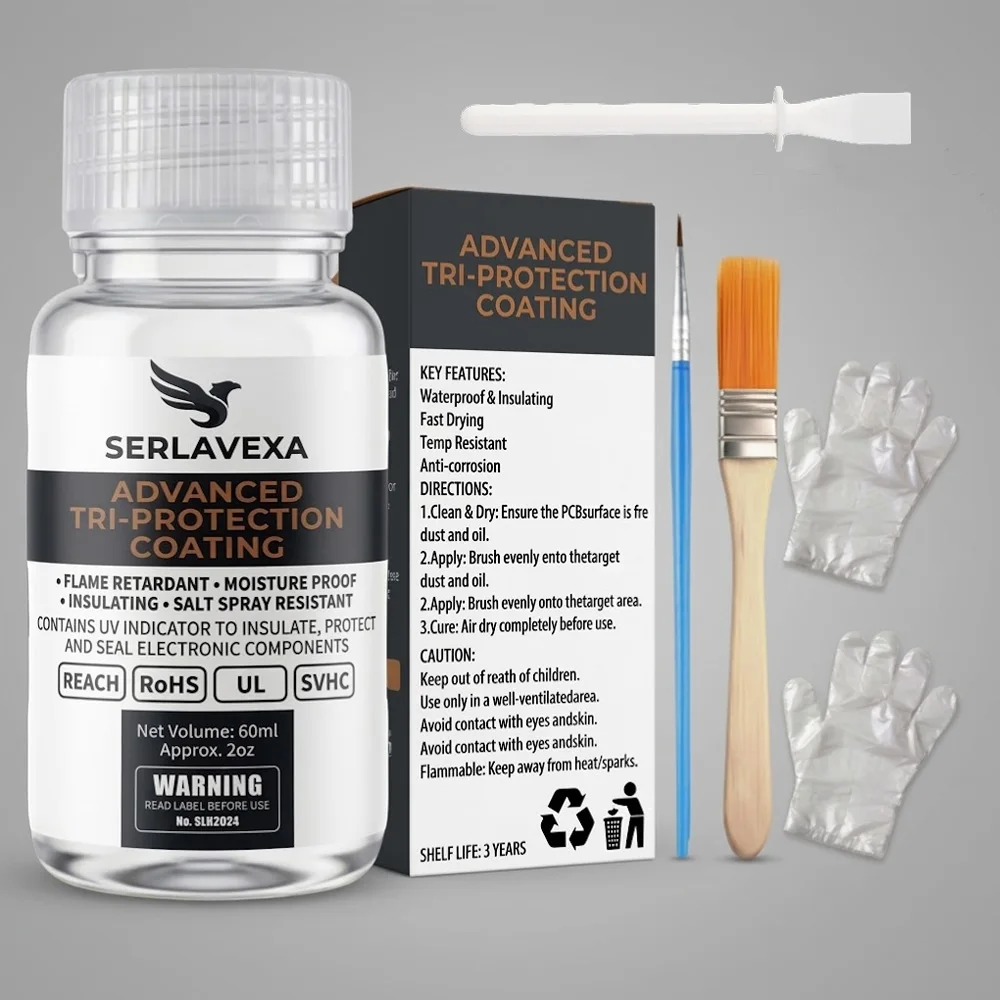 SERLAVEXA Schutzlack für Leiterplatten, 60ml Fortschrittliche Dreifach-Schutzbeschichtung mit UV-Indikator, Feuchtigkeitsbeständiges & Isolierendes Kit