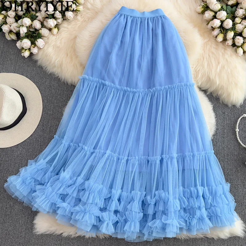 

Fashionable Tiered Maxi Tulle Skirt for Women Blue Floor-Length A-Line Skirts Female 92CM Lengthen Long Tutu Skirts Summer 2024