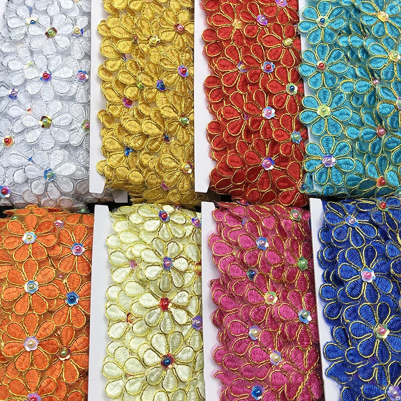 1/2/4 Yards Pearl Flower Gold Thread Embroidered Lace Ribbon Beaded Fringe African Lace Fabric Handmade Dress Sewing Supplies